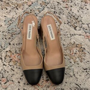 Steve Madden Belinda Cap Toe Black and Tan Slingback Block Heels